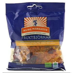Mycket mjuka geléfruktbjörnar, med ekologiska äpplen, apelsiner, citroner, hallon, björnbär, hallon och ananas.