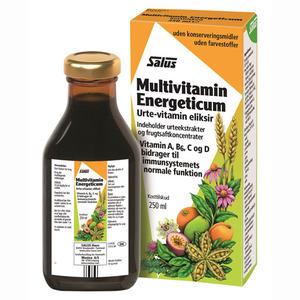 Salus Multivitamin energeticum eliksir innehåller örtextrakt och fruktjuicekoncentrat.