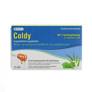 Orifarm Coldy Sugtablett Honey-Mentol-Eukalyptus - 10 st, ett kosttillskott som innehåller honung, C-vitamin och zink