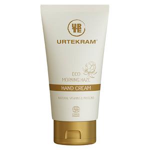 Urtekram Morning Haze Hand Cream innehåller hyaluronsyra, mandelolja och sheasmör, som ger intensiv fukt för torra händer och nagelband Med24.se
