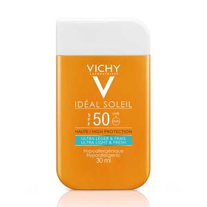 Vichy Idéal Soleil SPF50 skyddar mot skadliga UV-strålar och motverkar åldrande pga av sol, smart fickstorlek - Med24.se