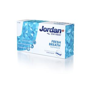 Jordan Fresh Breath tandkräm har en frisk mintsmak, som ger dig en frisk andedräkt i upp till 12 timmar - duopack