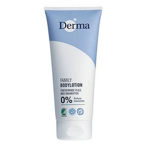 Derma Family Body Lotion innehåller bl.a. sheasmör och glycerin, vilket ger näring åt huden och lämnar den silkeslen Med24.se