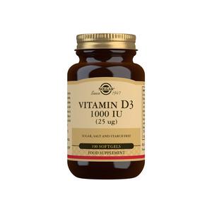 Solgar D-vitamin 25 μg innehåller vitamin D3 från fiskleverolja i sväljvänliga, mjuka gelkapslar Med24.se