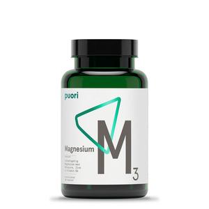 Puori M3 Magnesium & Zink innehåller en kombination av magnesium, vitamin B6 och zink, som bland annat bidrar till normal energiomsättning Med24.se