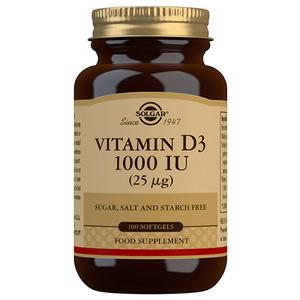 Solgar D-vitamin 25 μg innehåller vitamin D3 från fiskleverolja i sväljvänliga, mjuka gelkapslar Med24.se
