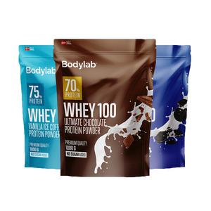 Bodylab Whey 100 med högt innehåll av protein, bidrar till att öka och upprätthålla muskelmassa samt normal benstomme Med24.se