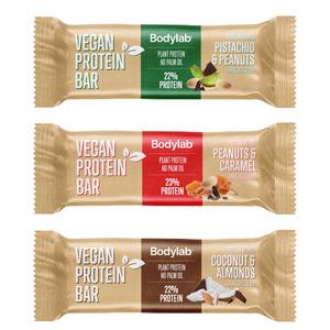Bodylab vegan proteinbar, Coconut & Almonds, Peanuts & Caramel och Pistachio & Peanuts