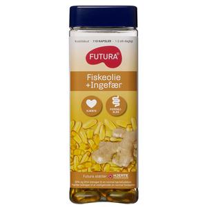 FUTURA Fiskolja + Ingefära innehåller en kombination av Omega-3-fettsyror och ingefärsextrakt Med24.se