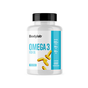 Bodylab Omega-3 är kapslar med koncentrerad fiskolja, som är rik på essentiella omega-3-fettsyror och bidrar till upprätthålla normal hjärna, hjärta och syn Med24.se