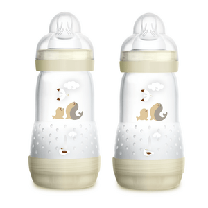 MAM Anti-colic nappflaskor är de perfekta flaskorna för att växla mellan amning och flaskmatning, här i neutral färg