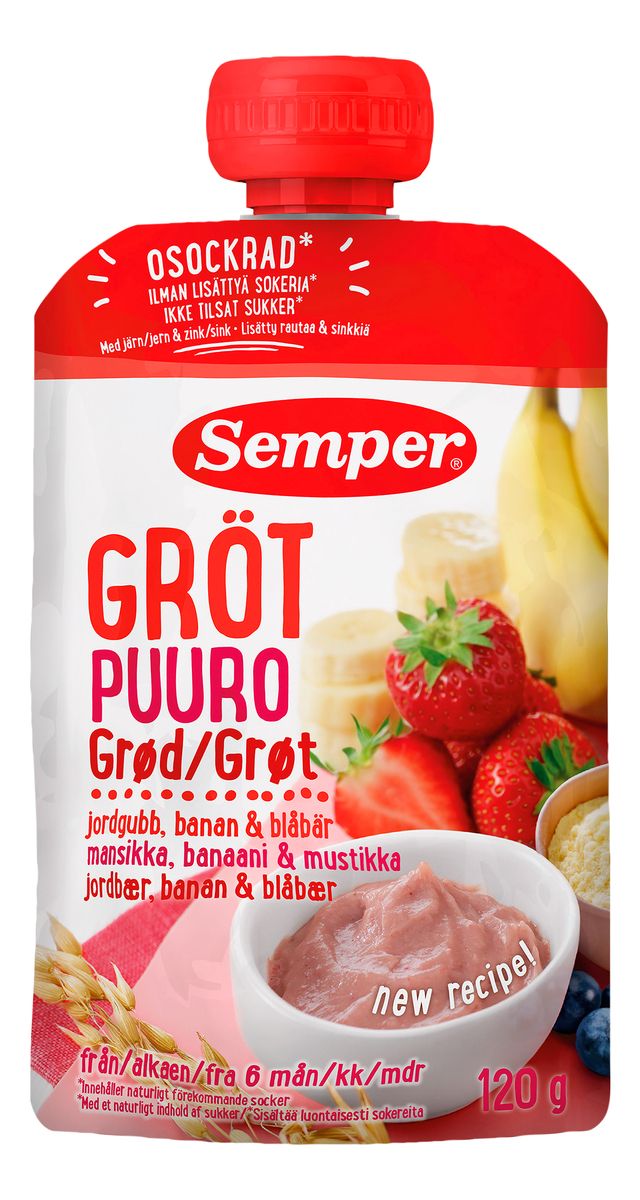 Semper Fruktgröt med jordgubbar, banan och blåbär 6 månader | Med24.se